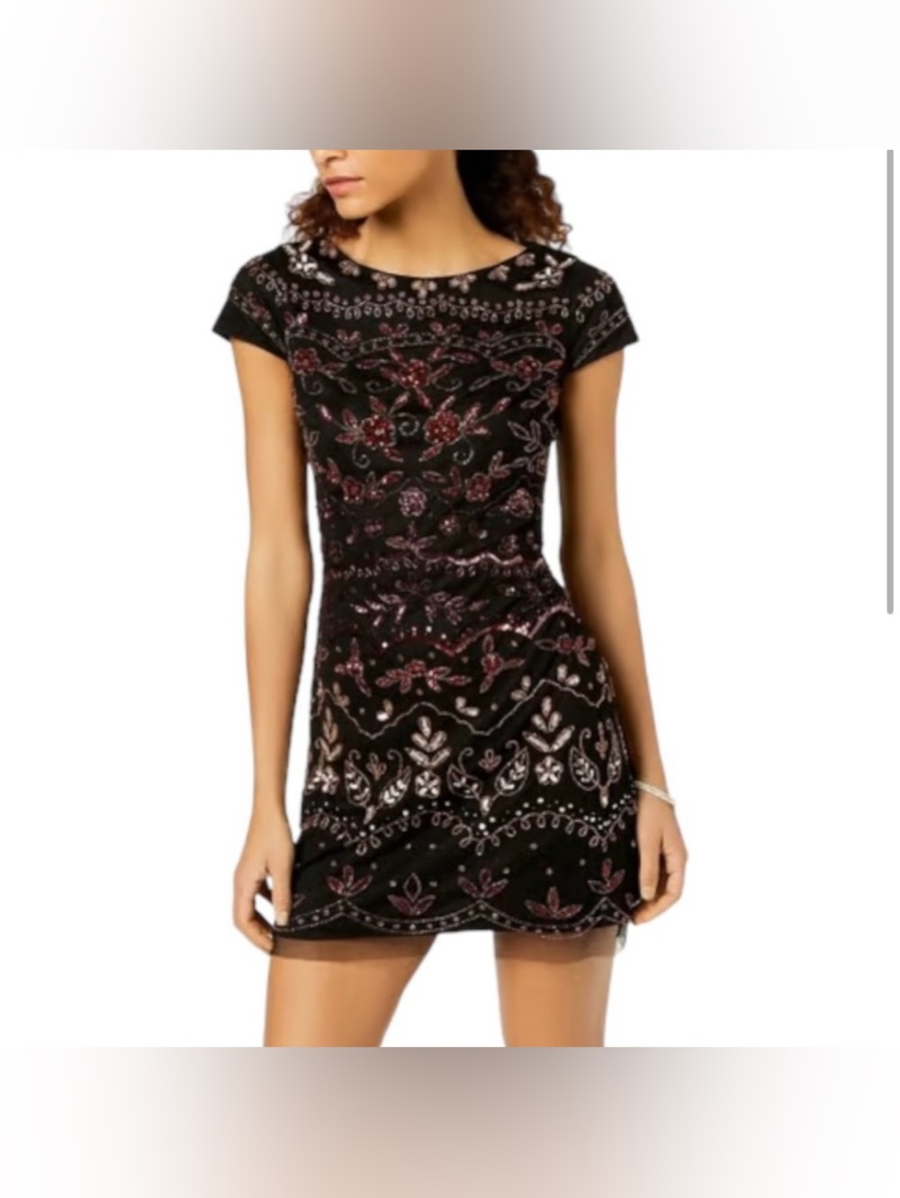 NWOT Adrianna Papell Black Mini Dress with Pink & Silver Embellishment